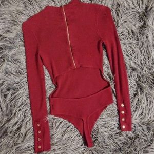 Hera Ribbed knit open back thong bodysuit Maroon M